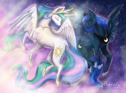 Size: 2871x2119 | Tagged: safe, artist:cvanilda, princess celestia, princess luna, alicorn, pony, duo, eyes closed, female, flying, sisters