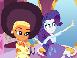 Size: 2000x1500 | Tagged: safe, artist:adamlhumphreys, artist:ktd1993, artist:ponyalfonso, edit, rarity, saffron masala, canterlot boutique, equestria girls, afro, equestria girls-ified, female, lesbian, nail polish, raffron, shipping