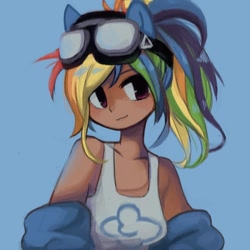 Size: 1000x1000 | Tagged: safe, artist:luluneusa, derpibooru import, rainbow dash, human, bust, clothes, dark skin, female, goggles, humanized, kotobukiya, kotobukiya rainbow dash, solo, tanktop