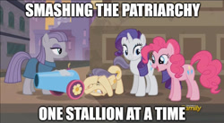 Size: 889x488 | Tagged: safe, edit, edited screencap, screencap, maud pie, pinkie pie, rarity, street rat, earth pony, pony, unicorn, the gift of the maud pie, caption, feminism, feminism is magic, image macro, meme, op is a cuck, op is trying to start shit, patriarchy, social justice warrior