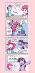 Size: 1600x3360 | Tagged: safe, artist:caibaoreturn, derpibooru import, editor:str1ker878, pinkie pie, rainbow dash, twilight sparkle, twilight sparkle (alicorn), alicorn, comic:pony washing instructions, equestria girls, chinese, comic, plushie, swatting, washing machine