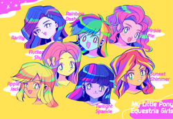 Size: 2011x1386 | Tagged: safe, artist:0828m-mlp, applejack, fluttershy, pinkie pie, rainbow dash, rarity, sunset shimmer, twilight sparkle, equestria girls, anime style, bust, cute, female, humane five, humane seven, humane six, looking at you, open mouth, portrait