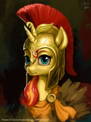 Size: 1536x2048 | Tagged: safe, artist:tinybenz, sunset shimmer, pony, unicorn, armor, athena, bust, centurion, female, helmet, mare, portrait, roman, rome, signature, solo