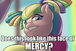 Size: 619x419 | Tagged: safe, artist:skipsy, edit, pinkie pie, earth pony, pony, rainbow falls, cheerleader pinkie, cropped, face of mercy, image macro, impact font, meme