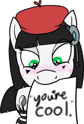 Size: 1558x2294 | Tagged: safe, alternate version, artist:poniidesu, oc, oc only, oc:silent clop, earth pony, pony, /mlp/, bangs, beret, black mane, blushing, clothes, crayon, crossover, eye clipping through hair, female, hat, headset, heart eyes, high res, looking down, makeup, mare, marker, mime, mouth hold, paper, simple background, socks, solo, space station 13, ss13, striped socks, text, thigh highs, transparent background, video game, wingding eyes, yin-yang