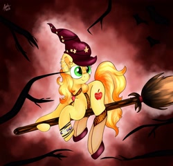 Size: 2547x2446 | Tagged: safe, artist:appleneedle, oc, oc only, oc:apple needle, earth pony, pony, bracelet, broom, clothes, ear piercing, earring, female, flats, flying, flying broomstick, hat, jewelry, mare, piercing, raised hoof, socks, solo, stockings, thigh highs, tree, witch, witch costume, witch hat, wristband