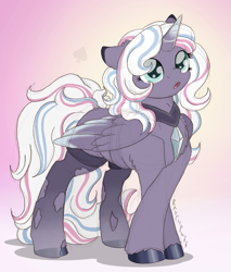 Size: 999x1171 | Tagged: safe, artist:ravenpuff, oc, oc only, oc:exquisite star, alicorn, pony, alicorn oc, chest fluff, clothes, female, mare, open mouth, ripped stockings, solo, stockings, thigh highs