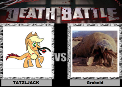 Size: 900x643 | Tagged: safe, applejack, earth pony, monster pony, original species, pony, tatzlpony, death battle, graboid, meme, tatzljack, tremors