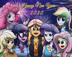 Size: 1280x1005 | Tagged: safe, artist:namphung58, applejack, fluttershy, pinkie pie, rainbow dash, rarity, sci-twi, sunset shimmer, twilight sparkle, equestria girls, equestria girls series, 2020, applejack's hat, bowtie, clothes, cowboy hat, female, fireworks, geode of empathy, geode of shielding, geode of telekinesis, glasses, grin, hairband, hairclip, hairpin, happy new year, happy new year 2020, hat, holiday, humane five, humane seven, humane six, jacket, jewelry, leather vest, looking at you, magical geodes, necklace, one eye closed, open mouth, ponytail, smiling
