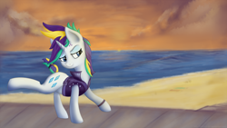 Size: 1920x1080 | Tagged: safe, artist:taggerung, rarity, pony, unicorn, alternate hairstyle, beach, punk, raripunk, sand, short tail, solo, sunset