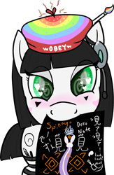 Size: 1560x2393 | Tagged: safe, alternate version, artist:poniidesu, oc, oc only, oc:silent clop, earth pony, pony, rabbit, /mlp/, 4chan, animal, anime, beret, clothes, cloud, crayon, cute, daaaaaaaaaaaw, death note, drawthread, female, fetish, hat, heart eyes, hypnosis, hypnosis fetish, japanese, jewelry, looking at you, mare, marker, meme, mouth hold, obey, ocbetes, paintbrush, simple background, socks, solo, spinning eyes, stockings, thigh highs, tiara, translated in the description, transparent background, wingding eyes