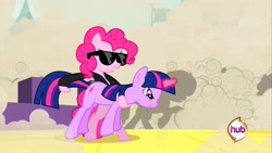 Size: 1191x670 | Tagged: safe, artist:bjsjunk, derpibooru import, edit, edited screencap, screencap, pinkie pie, twilight sparkle, earth pony, pony, unicorn, a canterlot wedding, clothes, hub logo, jacket, smiling, sunglasses, t-800, terminator, twigun