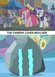 Size: 509x710 | Tagged: safe, boulder (pet), maud pie, pinkie pie, rarity, tom, earth pony, pony, unicorn, the gift of the maud pie, bouldcam, boultom, camera, crying, meme, shipping, shipping denied