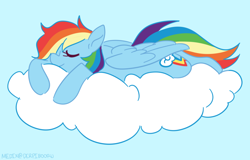 Size: 1250x800 | Tagged: safe, artist:medix, derpibooru exclusive, derpibooru import, rainbow dash, pegasus, pony, cloud, female, floating, lying on a cloud, prone, sitting on cloud, sky, sleeping, solo