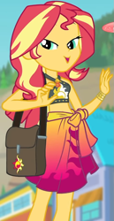 Size: 487x946 | Tagged: safe, screencap, sunset shimmer, better together, equestria girls, forgotten friendship, belly button, bikini, bikini top, blurry background, building, clothes, cropped, cute, drone, female, forest background, geode of empathy, jewelry, legs, lidded eyes, magical geodes, midriff, necklace, outdoors, sarong, sexy, shimmerbetes, shoulder bag, sky, sleeveless, smiling, solo, sun, swimsuit, wristband