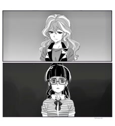 Size: 934x1024 | Tagged: safe, artist:5mmumm5, sci-twi, sunset shimmer, twilight sparkle, equestria girls, blouse, break up, bust, clothes, comic, crying, female, glasses, grayscale, lesbian, monochrome, ponytail, ribbon, sad, scitwishimmer, shipping, shirt, sunsetsparkle, vest