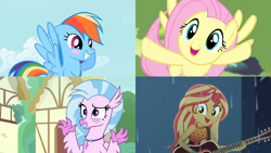 Size: 1280x720 | Tagged: safe, screencap, fluttershy, rainbow dash, silverstream, sunset shimmer, better together, equestria girls, filli vanilli, let it rain, the mysterious mare do well, uprooted, acoustic guitar, blushing, cute, dashabetes, diastreamies, female, guitar, musical instrument, rain, shimmerbetes, shyabetes, split screen