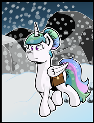 Size: 1163x1528 | Tagged: safe, artist:moonlightfan, princess celestia, alicorn, pony, alternate hairstyle, frozen north, saddle bag, snow, solo