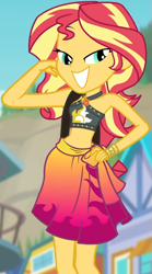 Size: 521x940 | Tagged: safe, screencap, sunset shimmer, better together, equestria girls, forgotten friendship, belly button, bikini, bikini top, blurry background, building, clothes, cropped, cute, female, forest background, geode of empathy, jewelry, legs, lidded eyes, magical geodes, midriff, necklace, pose, sarong, sexy, shimmerbetes, shoulder bag, sky, sleeveless, smiling, solo, sun, swimsuit