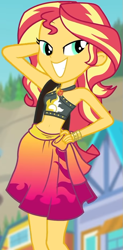 Size: 465x947 | Tagged: safe, screencap, sunset shimmer, better together, equestria girls, forgotten friendship, adorasexy, belly button, bikini, bikini top, blurry background, building, clothes, cropped, cute, female, forest background, geode of empathy, hand on hip, jewelry, legs, lidded eyes, magical geodes, midriff, necklace, outdoors, pose, sarong, sexy, shimmerbetes, shoulder bag, sky, sleeveless, smiling, solo, sun, swimsuit, wristband