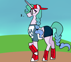 Size: 1651x1449 | Tagged: safe, artist:/d/non, princess celestia, alicorn, pony, 30 minute art challenge, baseball cap, braid, clothes, converse, female, glasses, henry v, incognito, mega milk, meme, music notes, shirt, shoes, shorts, simple background, sneakers