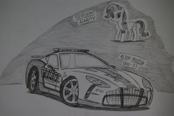 Size: 1936x1296 | Tagged: safe, artist:ricky47, rarity, pony, unicorn, aston martin, aston martin one 77, car, crossover, diamond, female, monochrome, need for speed, need for speed: hot pursuit, police, police car, sergeant, solo, supercar, traditional art