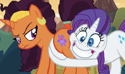Size: 1290x770 | Tagged: safe, artist:ktd1993, rarity, saffron masala, pony, unicorn, shadow play, base used, butt touch, butthug, faceful of ass, female, hug, lesbian, out of context, pinkie hugging applejack's butt, raffron, shipping