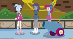 Size: 6641x3586 | Tagged: safe, artist:conikiblasu-fan, maud pie, pinkie pie, rarity, equestria girls, the gift of the maud pie, clothes, dress, equestria girls interpretation, ice, ice rink, ice skates, party cannon, scene interpretation, shorts, skates, skirt