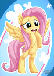Size: 955x1351 | Tagged: safe, artist:mysticalpha, fluttershy, pegasus, pony, bipedal, open mouth, solo, spread wings