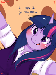 Size: 600x800 | Tagged: dead source, safe, artist:omgproductions, derpibooru import, twilight sparkle, anthro, :p, blushing, camera, camera shot, cute, looking at you, smiling, solo, tongue out, twilight sparkle's journal