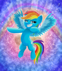 Size: 2925x3375 | Tagged: safe, artist:spellboundcanvas, derpibooru import, rainbow dash, pegasus, pony, rainbow roadtrip, cloud, crepuscular rays, eyebrows, grin, rainbow, smiling, sparkles, squint, teeth