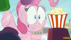 Size: 887x504 | Tagged: safe, edit, pinkie pie, earth pony, pony, the gift of the maud pie, against glass, faic, food, glass, meme, pinkie pie excited meme, popcorn