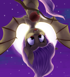 Size: 2702x3000 | Tagged: safe, artist:gumlball, fluttershy, bat pony, pony, apple, flutterbat, food, moon, solo, that pony sure does love apples, upside down