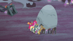 Size: 1280x720 | Tagged: safe, artist:horsebuttlover, edit, edited screencap, screencap, cloudy quartz, igneous rock pie, limestone pie, maud pie, pinkie pie, earth pony, pony, hearthbreakers, astra 1g, butt, female, holder's boulder, hughes space and communications, male, mare, plot, pushing, rock, ses s.a, société européenne des satellites, stallion