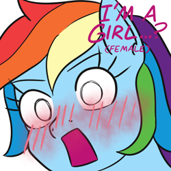 Size: 758x756 | Tagged: safe, artist:jargon scott, derpibooru import, rainbow dash, pegasus, pony, blushing, blushing profusely, captain obvious, close-up, meme, murenase! shiiton gakuen, shocked, solo, yena madaraba