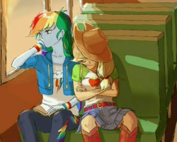 Size: 1082x872 | Tagged: safe, artist:puri__kyua, derpibooru import, applejack, rainbow dash, better together, equestria girls, appledash, applejack's hat, boots, bus, clothes, cowboy hat, female, hat, lesbian, pants, shipping, shirt, shoes, sleeping