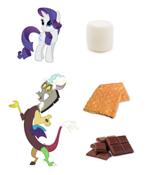 Size: 686x775 | Tagged: safe, discord, rarity, draconequus, pony, unicorn, chocolate, food, graham cracker, marshmallow, rarity is a marshmallow, simple background, white background