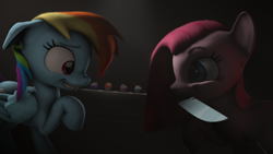 Size: 1920x1080 | Tagged: safe, artist:facelesssoles, derpibooru import, pinkie pie, rainbow dash, earth pony, pegasus, pony, 3d, cupcake, food, knife, mouth hold, pinkamena diane pie