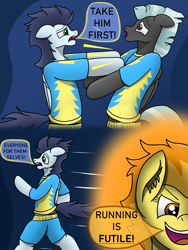 Size: 3024x4032 | Tagged: safe, artist:tacomytaco, derpibooru import, soarin', spitfire, thunderlane, pegasus, pony, comic:wedgiebolts academy, bipedal, clothes, comic, female, gradient background, male, pushing, running, shirt, shorts, shove, sweat, text, underwear