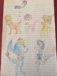 Size: 2448x3264 | Tagged: safe, artist:dupontsimon, derpibooru import, applejack, fluttershy, pinkie pie, rainbow dash, rarity, sci-twi, twilight sparkle, cat, deer, dog, dragon, kangaroo, fanfic:magic show of friendship, equestria girls, alternate forms, animal, appledog, catified, crane (animal), deerified, dogified, dragonified, flutterdeer, humane five, humane six, kanga rare, lined paper, photo, pinkie cat, rainbow dragon, species swap, traditional art, transformation