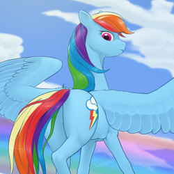 Size: 1280x1280 | Tagged: safe, artist:arareroll, derpibooru import, edit, rainbow dash, pegasus, pony, backwards cutie mark, featureless crotch, female, looking at you, looking back, looking back at you, mare, rear view, solo