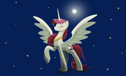 Size: 7649x4604 | Tagged: safe, artist:sagegami, derpibooru import, oc, oc only, oc:fausticorn, absurd resolution, epic, eyes closed, moon, night, pose, raised hoof, solo, wallpaper