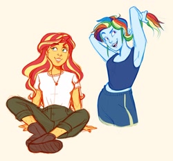 Size: 1815x1683 | Tagged: safe, artist:liviedoesart, rainbow dash, sunset shimmer, equestria girls, armpits, blouse, clothes, jewelry, necklace, pants, shirt, shoes, shorts, sitting, standing