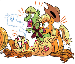 Size: 718x605 | Tagged: safe, idw, applejack, earth pony, pony, spoiler:comic, spoiler:comicff19, apple crisp, dead, death, female, ginger gold (idw), giving up the ghost, idw advertisement, male, mare, offscreen character, stallion, touring wind