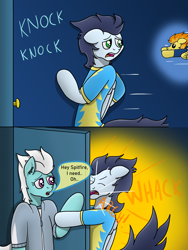 Size: 3024x4032 | Tagged: safe, artist:tacomytaco, derpibooru import, fleetfoot, soarin', spitfire, pegasus, pony, comic:wedgiebolts academy, bipedal, clothes, comic, door, eyes closed, female, flying, male, pain, running, shirt, text