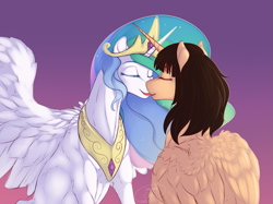 Size: 3311x2480 | Tagged: safe, artist:immaturegirl, princess celestia, oc, oc:spring beauty, alicorn, pony, alicorn oc, canon x oc, female, kissing, lesbian, shipping