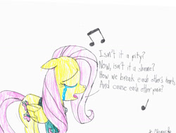 Size: 3284x2497 | Tagged: safe, artist:endlesswire94, fluttershy, pegasus, pony, crying, floppy ears, george harrison, isn't it a pity?, lyrics, music notes, ponytones outfit, sad, singing, text