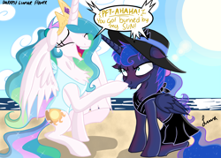 Size: 4823x3445 | Tagged: safe, artist:darkest-lunar-flower, princess celestia, princess luna, alicorn, pony, beach, belly button, bikini, celestia is amused, chest fluff, clothes, female, frown, glare, hat, hilarious in hindsight, imminent pain, laughing, luna is not amused, mare, messy mane, ocean, one-piece swimsuit, royal sisters, sarong, sitting, skirt, sun hat, sunburn, swimsuit, top, unamused, varying degrees of amusement