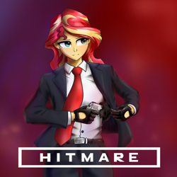 Size: 3000x3000 | Tagged: safe, artist:astery, sunset shimmer, equestria girls, agent 47, amt hardballer, badass, clothes, crossover, female, fingerless gloves, gloves, gun, handgun, hitman, holster, necktie, pistol, suit