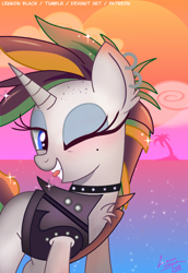 Size: 700x1017 | Tagged: safe, artist:lennonblack, rarity, pony, unicorn, it isn't the mane thing about you, alternate hairstyle, ear piercing, female, one eye closed, piercing, punk, raripunk, signature, solo, wink